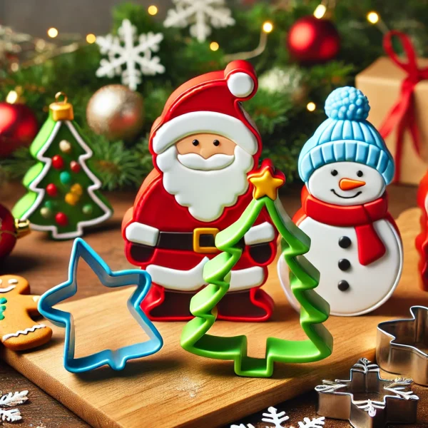 DALL·E 2025-01-10 16.01.25 - A festive image featuring various Christmas-themed cookie cutters, including a Christmas tree, Santa Claus, and a snowman. The cookie cutters are made Stray Kids - Pack Cortadores de Galletas Diseño 3D