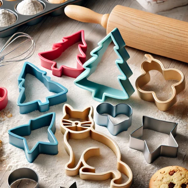 DALL·E 2025-01-10 16.10.19 - A realistic set of cookie cutters made of colorful plastic, including detailed shapes of a Christmas tree, a cat, a rabbit, a star, and a heart. The c Stray Kids - Pack Cortadores de Galletas Diseño 3D