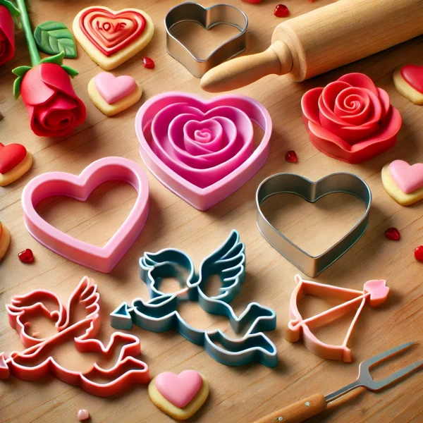 DALL·E 2025-01-13 16.02.35 - A realistic set of Valentine's Day-themed cookie cutters made of colorful plastic, including detailed shapes of hearts, a rose, a cupid, and a love le Stray Kids - Pack Cortadores de Galletas Diseño 3D