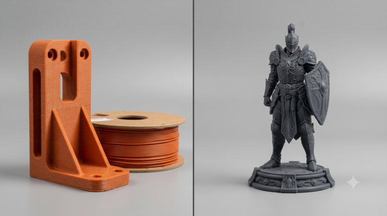 Comparación de impresión 3D: pieza funcional en filamento FDM junto a una miniatura detallada en resina SLA