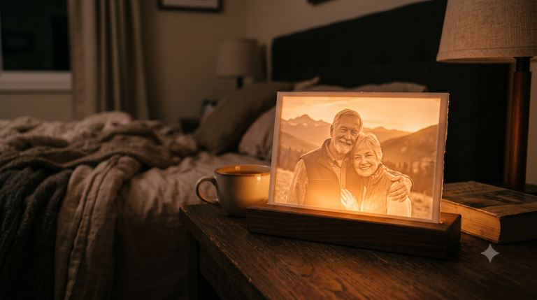 Litofanía personalizada impresa en 3D iluminada sobre un velador, mostrando una foto a contraluz