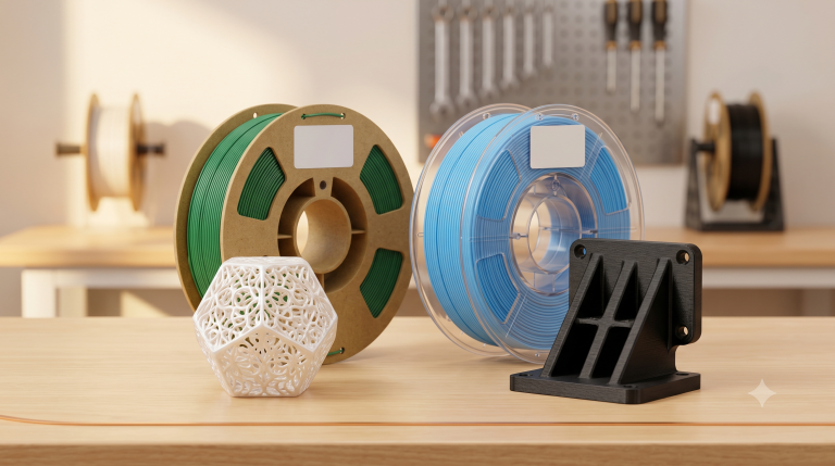 Carretes de filamento PLA y PETG junto a una pieza decorativa y una pieza funcional impresas en 3D