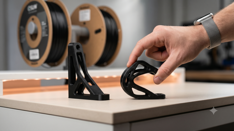 Pieza rígida de PLA y pieza flexible de TPU impresas en 3D, comparación de filamentos